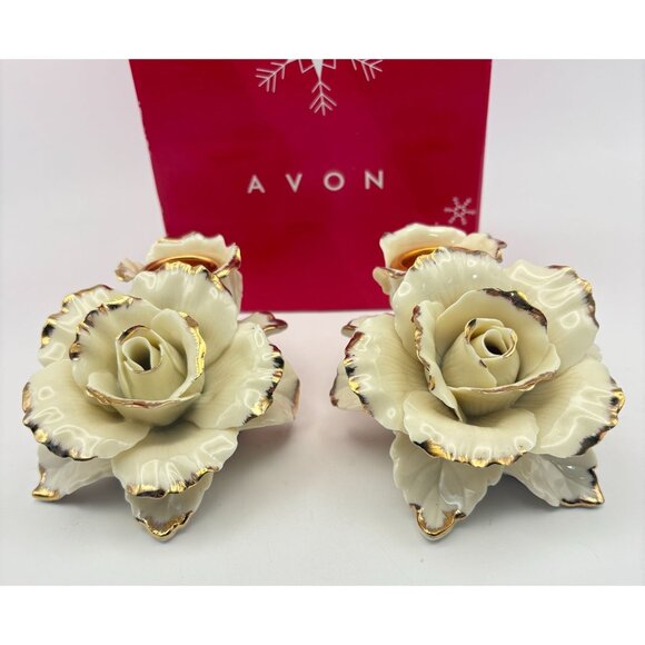 Avon Winter Rose Porcelain Candle Holders Vintage Christmas Rose Pair Gold Trim - Picture 10 of 12